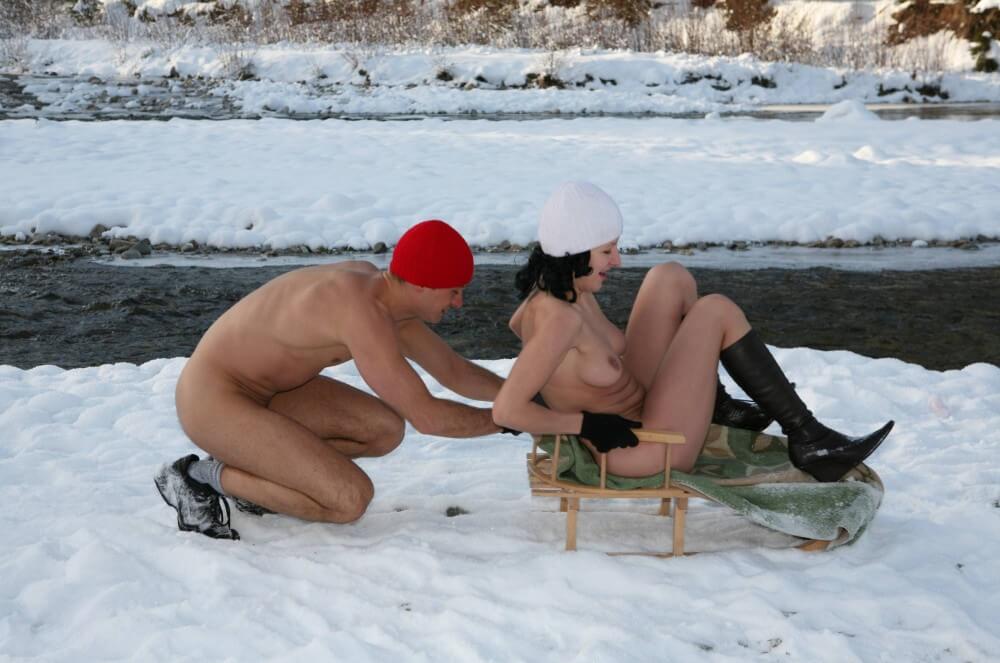 Naturist Girl Snow Day Couples Sled pics - Nudism is part of life